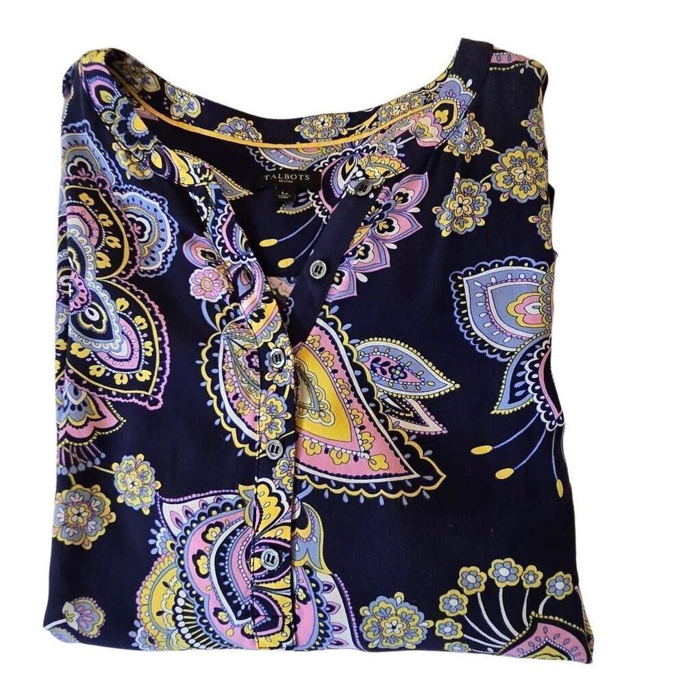 Talbots Womens Floral Paisley Long Sleeve Popover Blouse Top Blue Large Petite - Picture 11 of 12